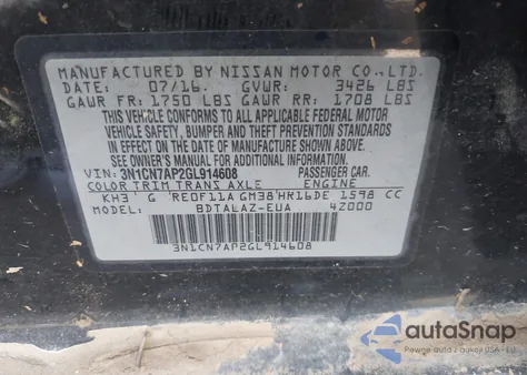 2016 Nissan Versa 1.6 S+ from USA, damaged, VIN 3N1CN7AP2GL914608